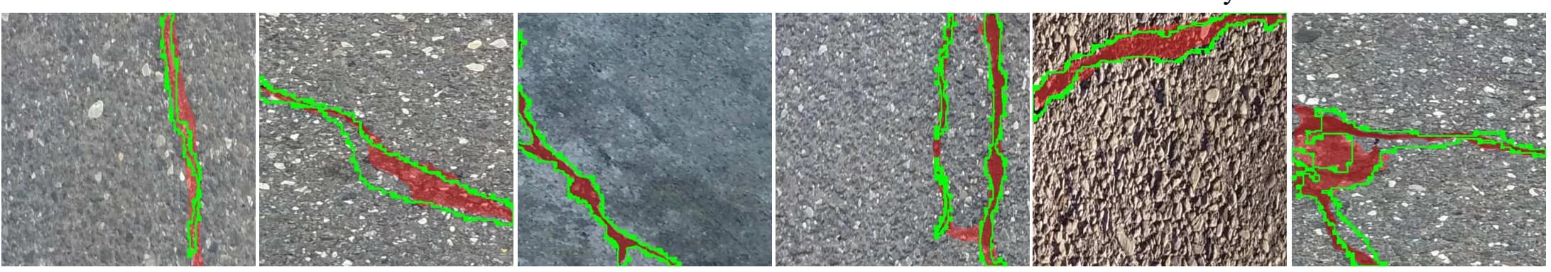 Examples of predicted and reference crack masks from the UAV inspection study.