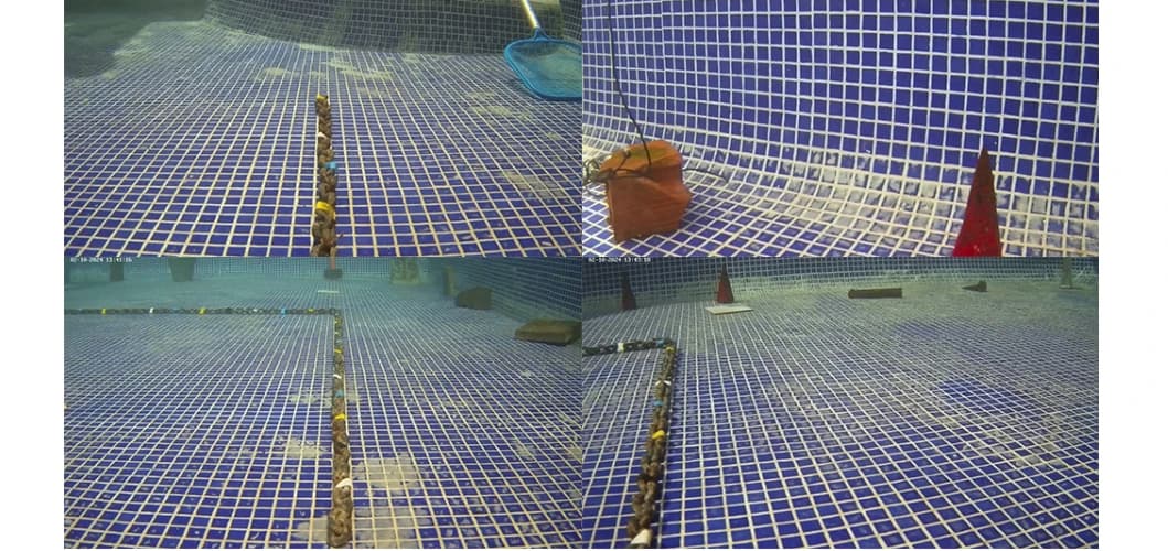 Four underwater frames showing the controlled pool and measured path markers.