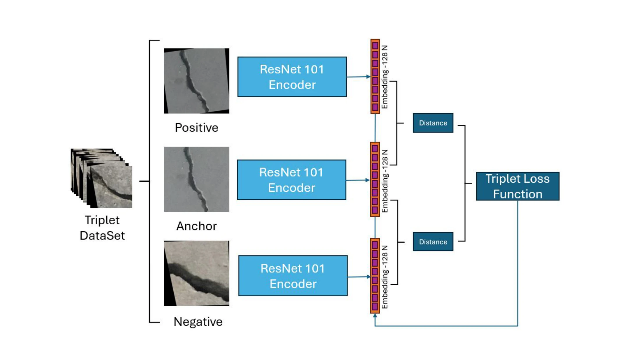 Siamese triplet network with three ResNet-101 encoders and a triplet-loss objective.