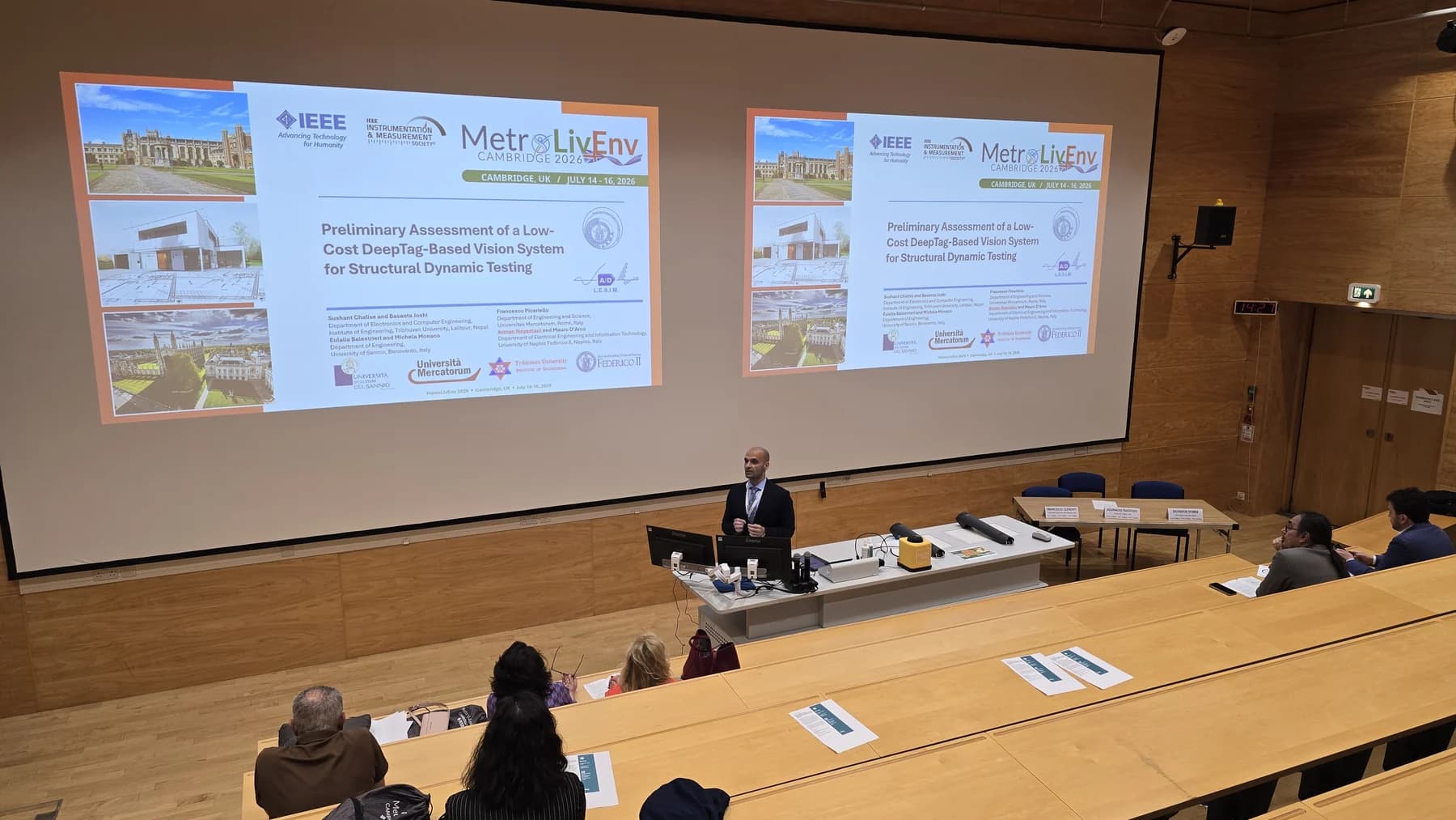 Arman Neyestani presenting the DeepTag structural measurement work in a lecture hall.